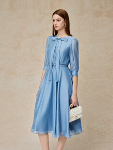 莫佐MOJO新品 2026浪漫优雅连衣裙蝴蝶结领收腰中长度假裙雾霾蓝