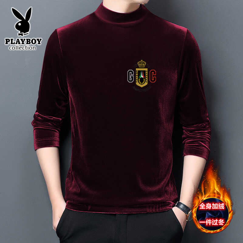 秋冬加绒加厚金丝绒卫衣男半高领修身中年长袖纯色印花上衣打底衫