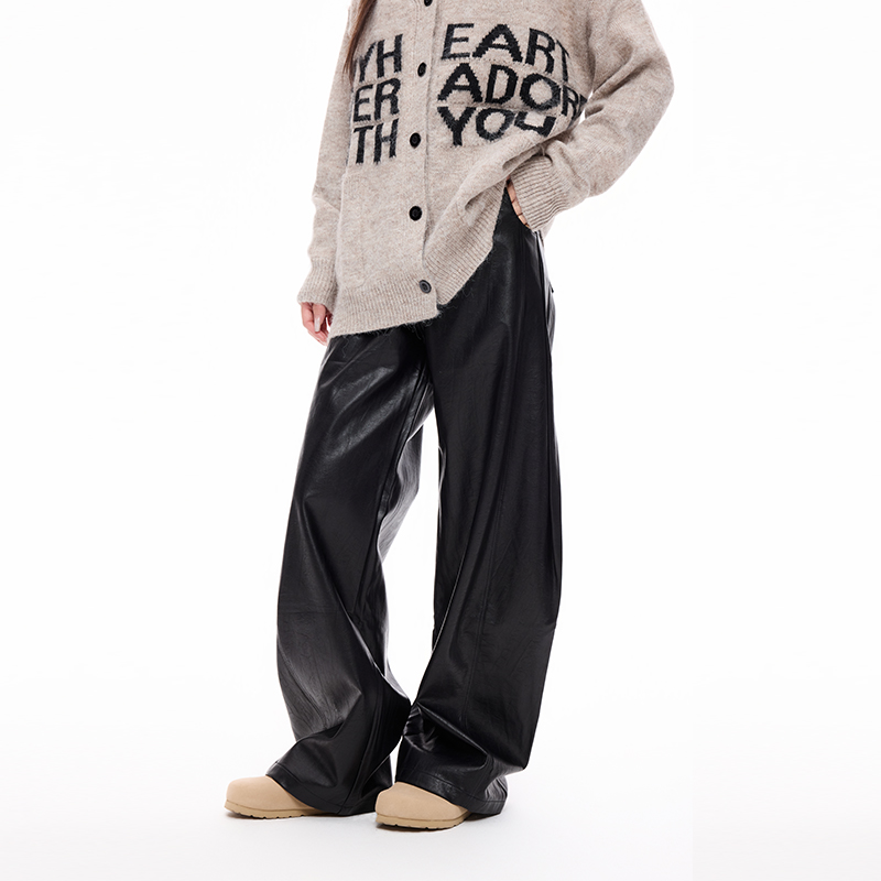 COLDSTONE美拉德弯刀超模皮裤宽松阔腿春夏高腰直筒垂感辣妹高级