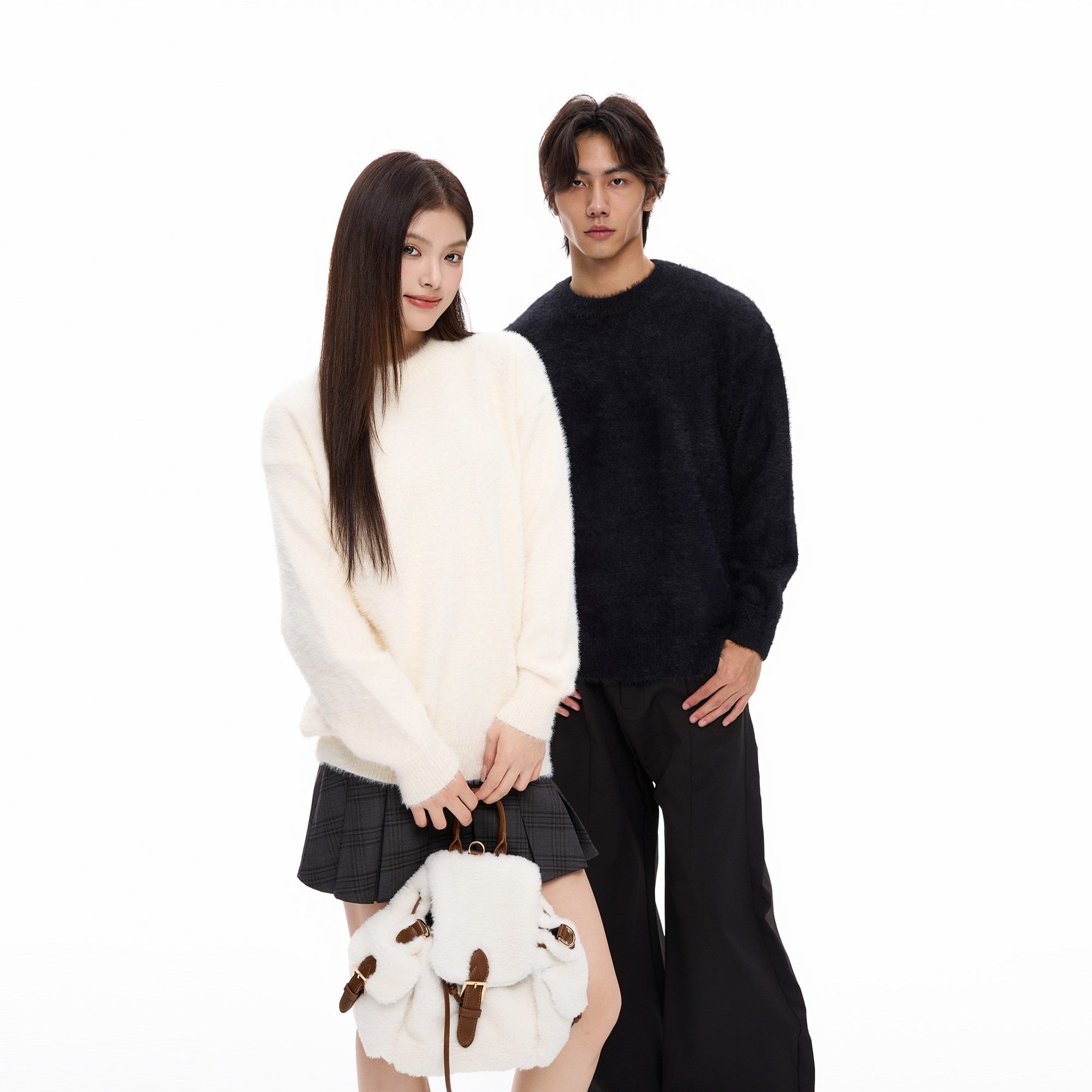 COLDSTONE圆领仿貂毛毛衣冬季基础宽松慵懒风打底内搭针织衫情侣