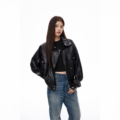 COLDSTONE复古机车多口袋翻领短款pu皮衣外套男女酷飒风皮夹克