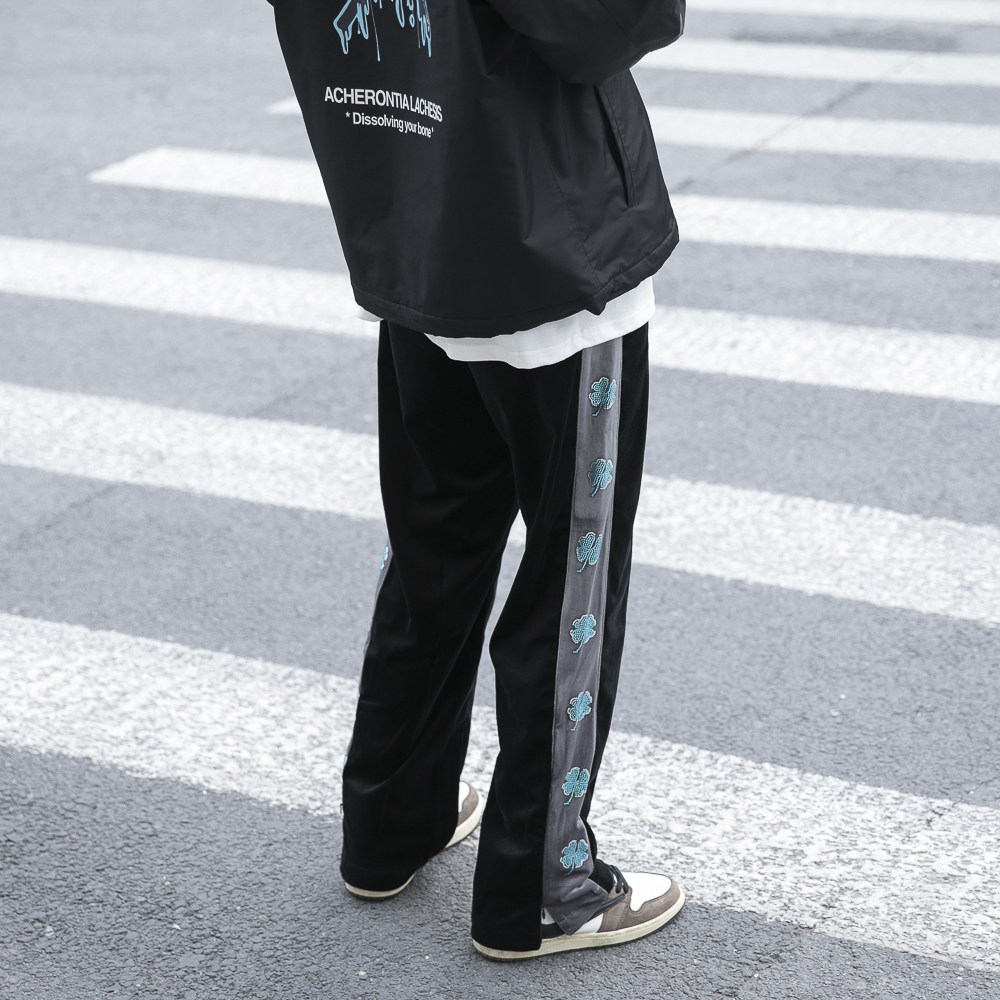 Donsmoke 19AW秋冬 侧条拼接丝绒四叶草烫钻休闲长裤track pant|ruв категории Мужская одежда, брюки - от Buy2taobao.com для оказания профессиональной услуги покупки агента Taobao