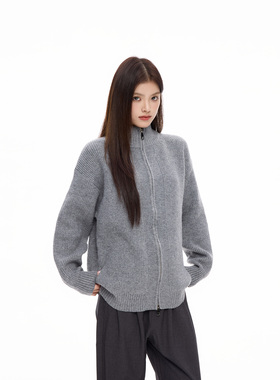 COLDSTONE 浅灰色针织开衫外套拉链立领防风保暖高级毛衣