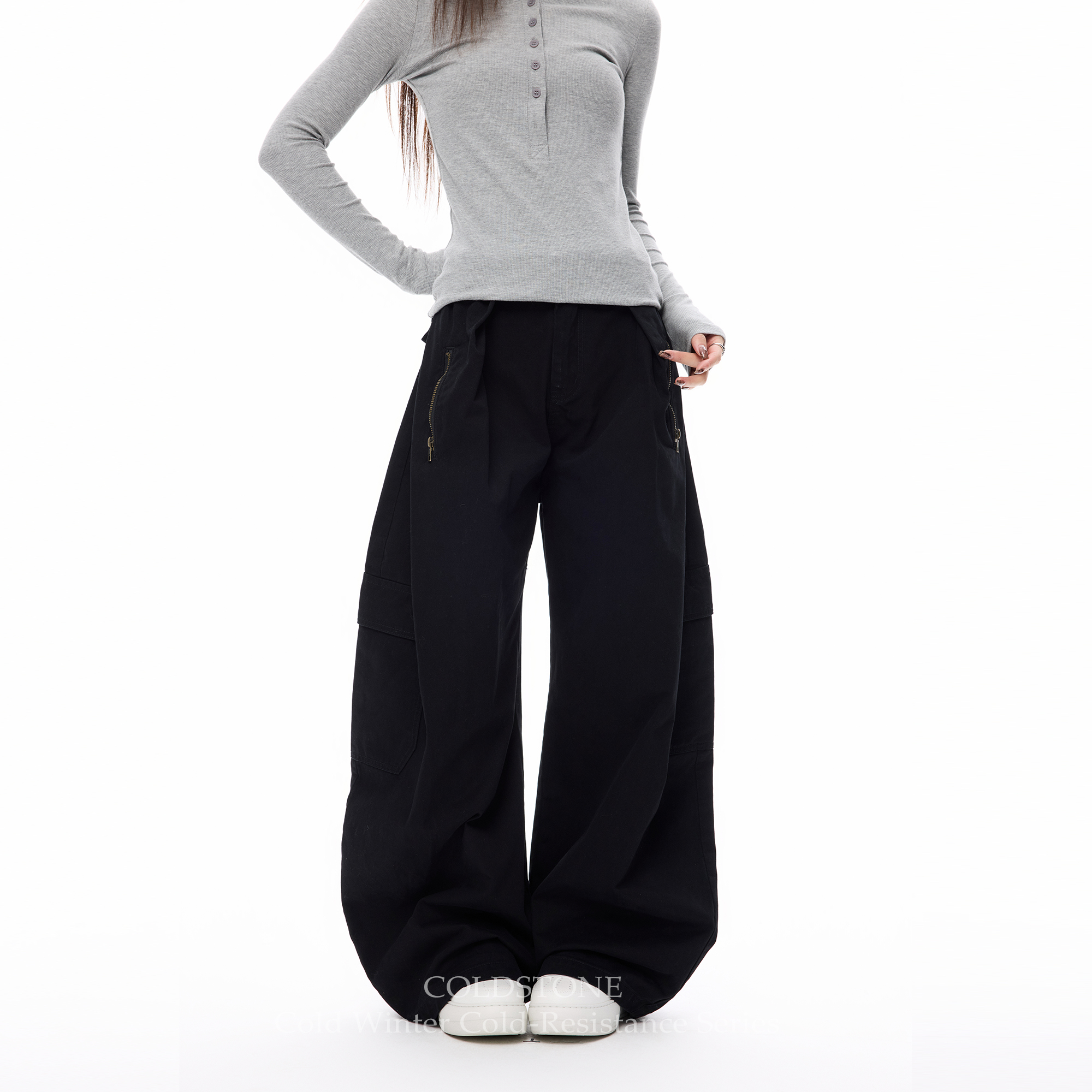COLDSTONE 黑色拉链设计弯刀阔腿工装裤男女宽松直筒裤百搭长裤