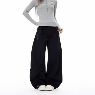 COLDSTONE 黑色拉链设计弯刀阔腿工装裤男女宽松直筒裤百搭长裤