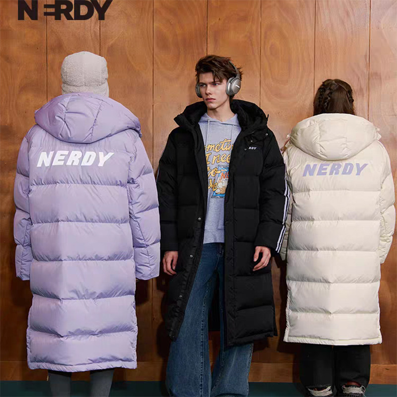 特价nerdy羽绒服男女紫色反光条纹连帽中长款黑色厚外套撤柜款