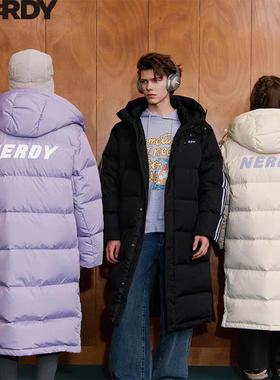 特价nerdy羽绒服男女紫色反光条纹连帽中长款黑色厚外套撤柜款