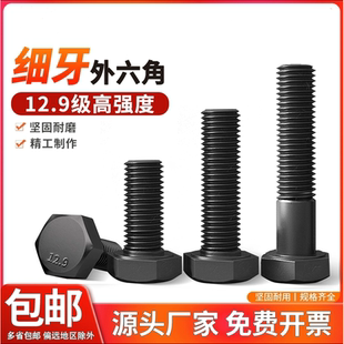 1牙 12.9级细牙外六角螺丝幼牙细扣螺栓细丝螺杆M8M12M14M16M18M