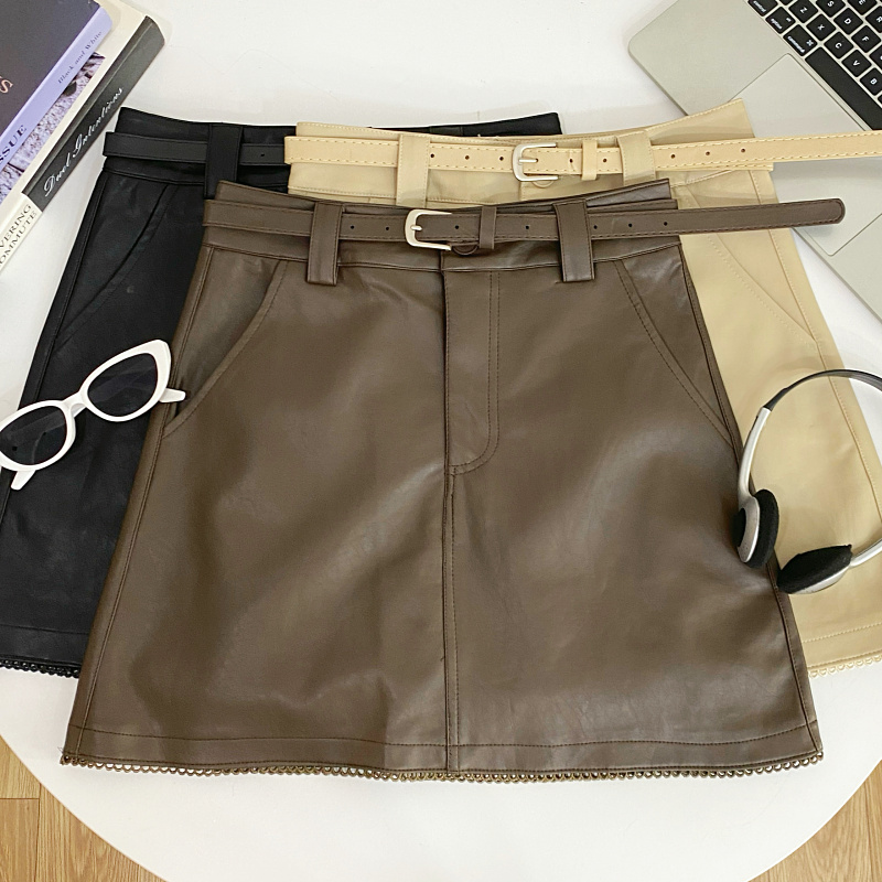配皮带+高腰PU皮半身裙短裙女
