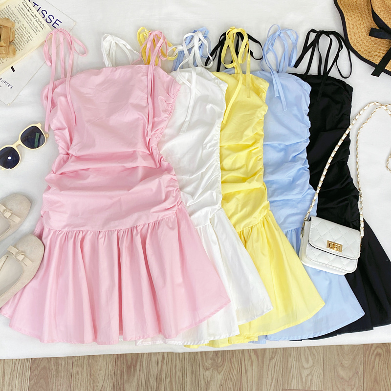 甜美小清新绑带褶皱收腰显瘦无袖露背荷叶边吊带连衣短裙女夏季