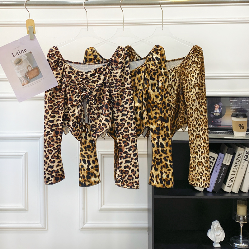 方领豹纹印花抽绳不规则衬衫女