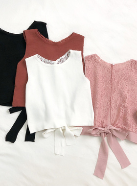 2019夏季新款百搭圆领后背蕾丝拼接系带修身短款针织背心上衣女