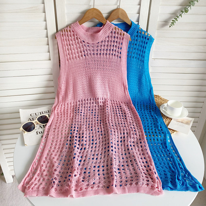 韩国chic设计感复古气质圆领网格镂空侧开叉无袖针织背心连衣裙女,女装/女士精品,连衣裙,淘宝优惠券,粉丝福利购,淘宝优惠卷