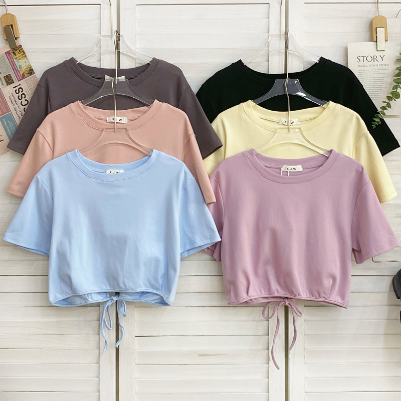 设计感后背绑带镂空圆领短袖t恤女2025夏季新款修身显瘦短款上衣