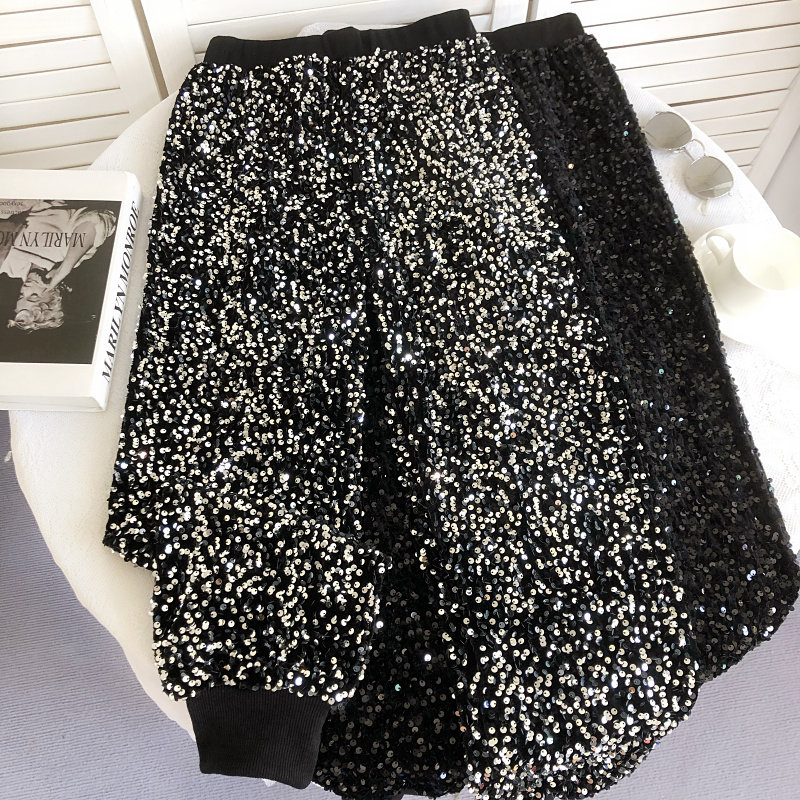 松紧高腰欧美风长裤亮片休闲裤