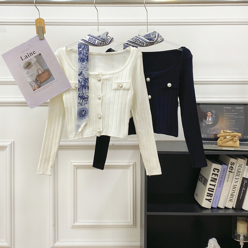 飘带+方领长袖针织短款衬衫外套