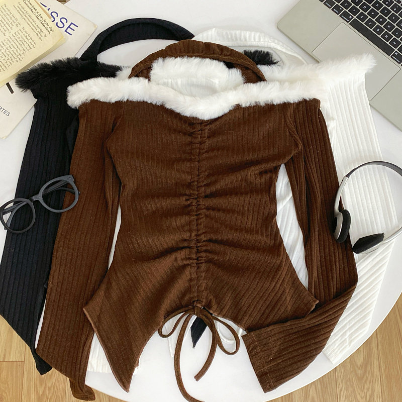 秋冬辣妹设计感挂脖毛毛拼接一字肩长袖抽绳短款T恤打底衫上衣女,女装/女士精品,T恤,淘宝优惠券,粉丝福利购,淘宝优惠卷