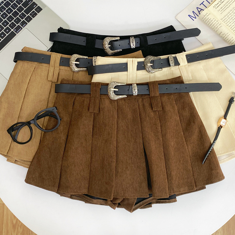 配皮带灯芯绒百褶半身裙短裙女