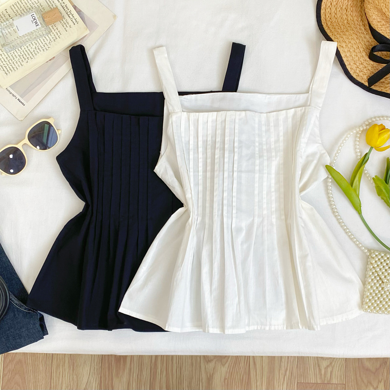 设计感褶皱条纹方领无袖吊带背心