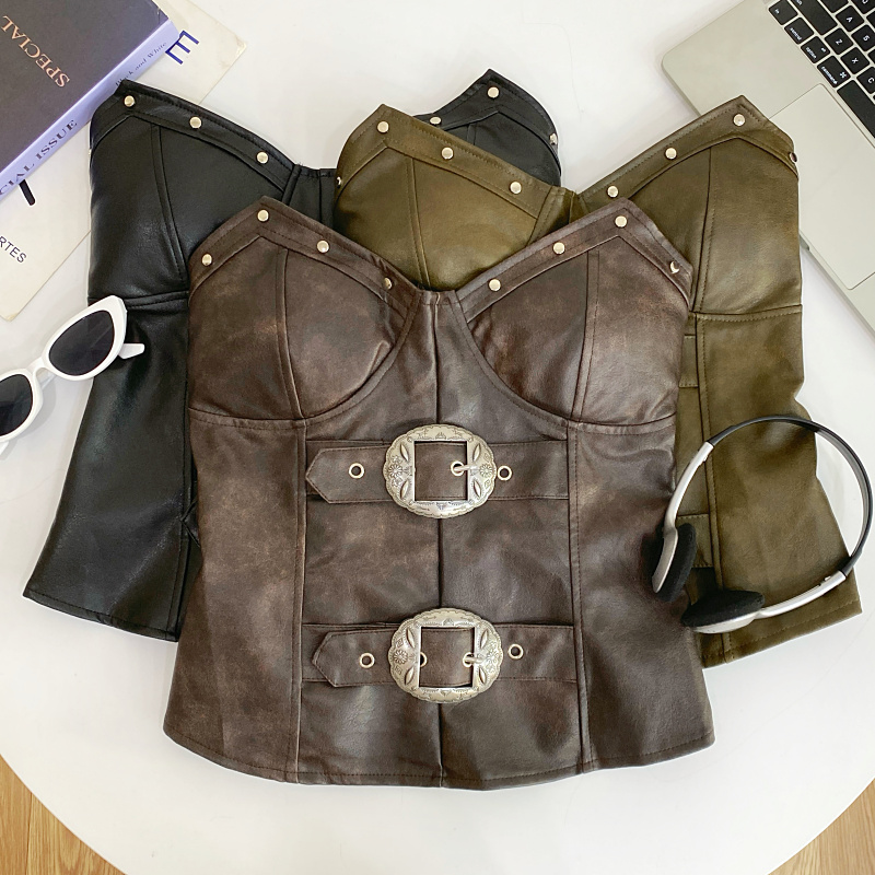 抹胸PU皮短款修身背心上衣女