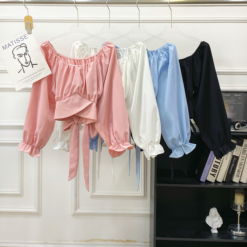 一字肩系带蝴蝶结长袖短款衬衫女