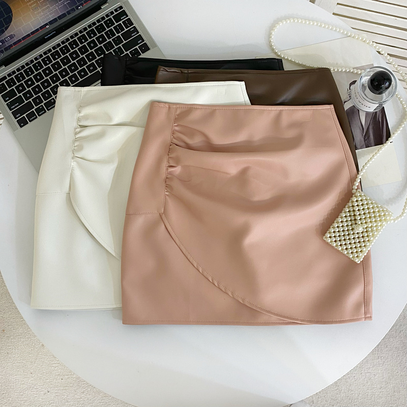 短裙A字美式褶皱PU皮半身裙