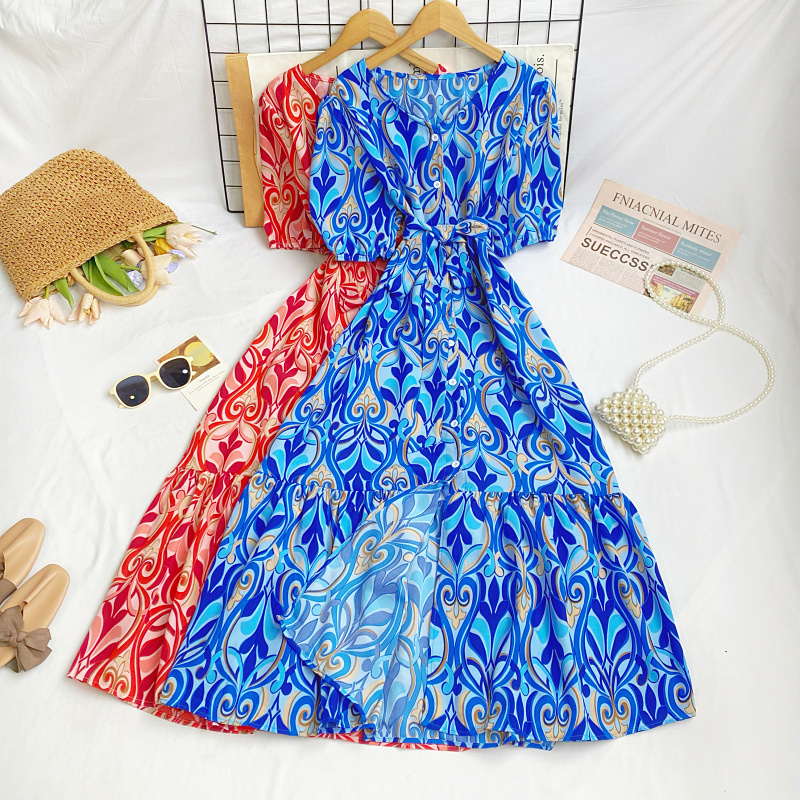 度假风圆领印花短袖绑带收腰显瘦开叉中长款荷叶边连衣裙女秋季