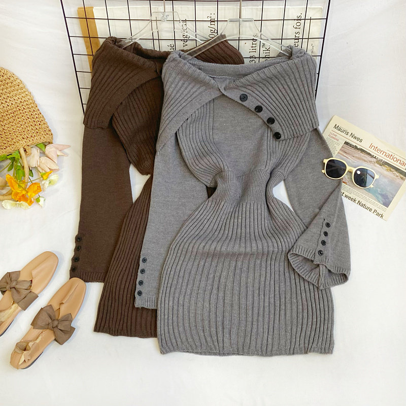 韩国chic法式气质不对称大翻领露肩毛衣裙女秋冬包臀针织连衣裙,女装/女士精品,连衣裙,淘宝优惠券,粉丝福利购,淘宝优惠卷