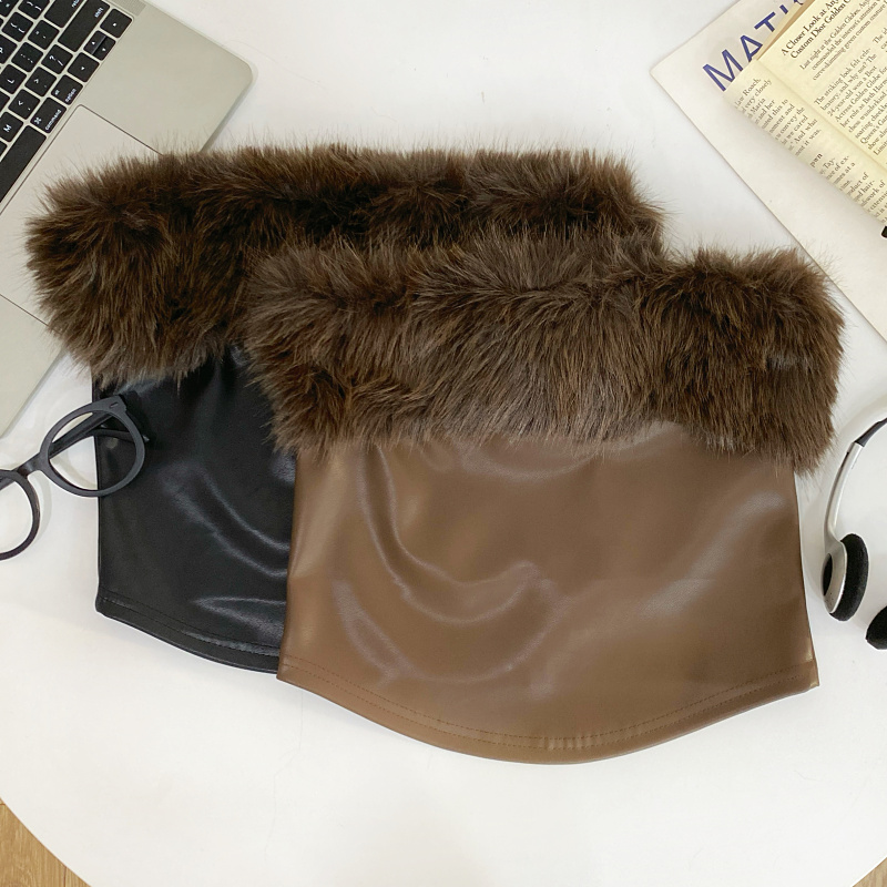 毛毛领拼接PU皮无袖短款背心女