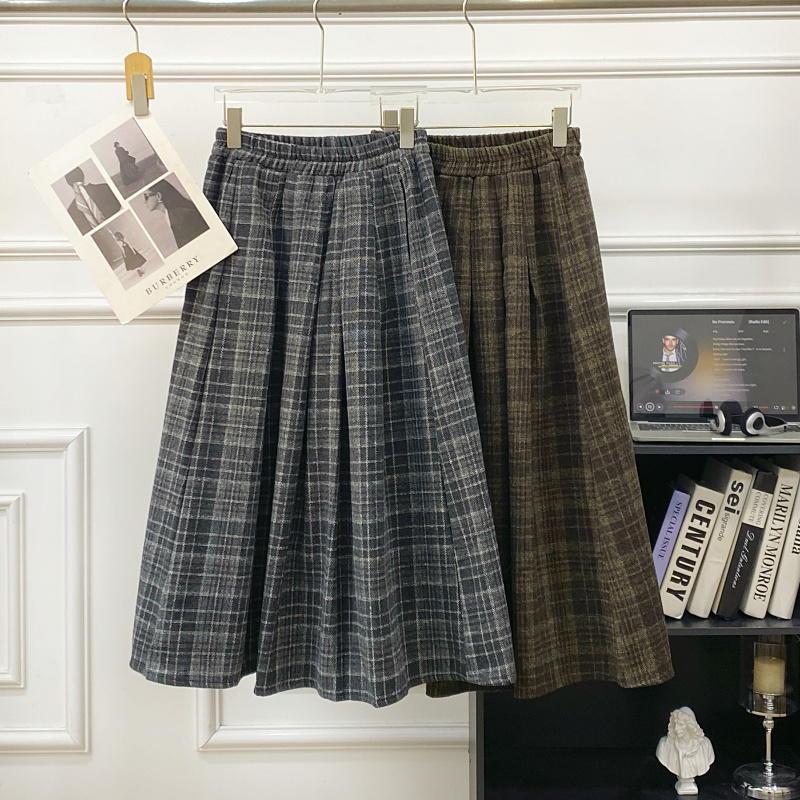 复古百搭松紧腰毛呢格子半身裙女
