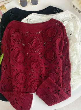 法式设计感重工钩花圆领针织衫女2024秋季新款减龄镂空短款上衣