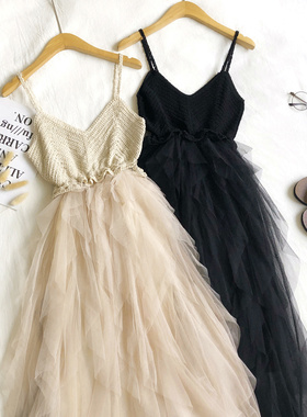 2020夏季韩版新款百搭吊带网纱针织拼接蓬蓬蛋糕裙中长款连衣裙女