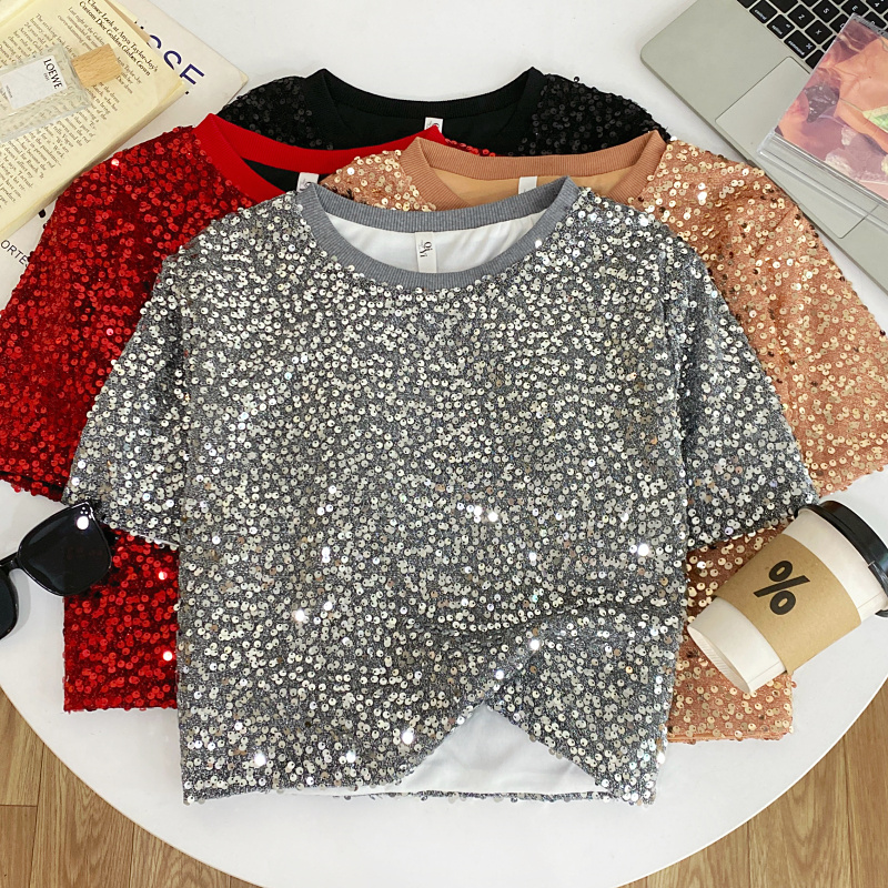 欧美风百搭圆领短袖亮片T恤女