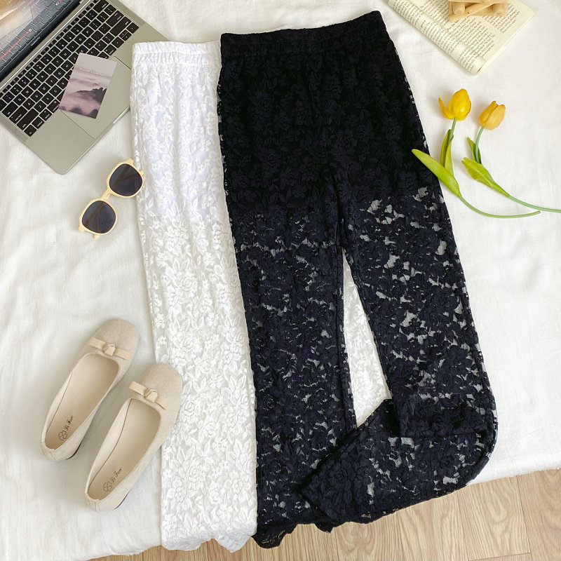 欧美风松紧腰蕾丝透视紧身裤长裤女2025夏季新款高腰显瘦休闲裤