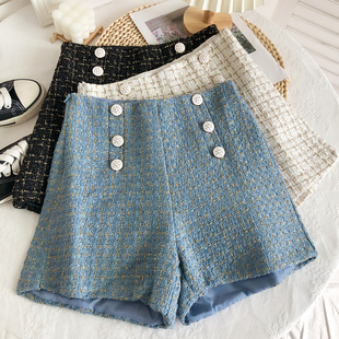 短裤 子双排扣粗花呢高腰显瘦阔腿裤 女 气质百搭小香风格 秋冬新款