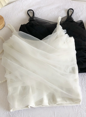 复古甜美百搭褶皱交叉网纱背心女2022夏季新款短款吊带抹胸上衣