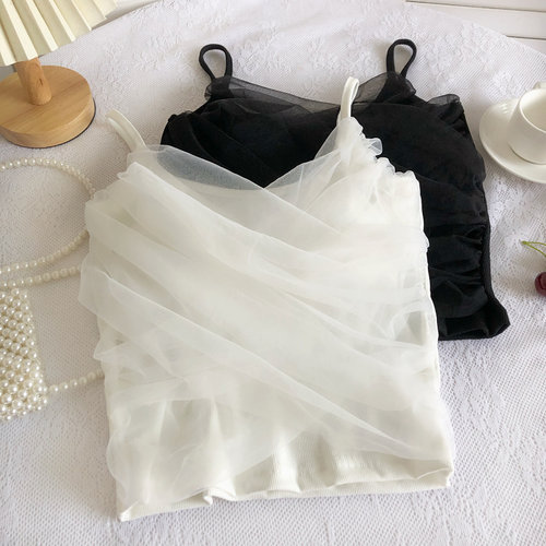 褶皱网纱短款甜美背心吊带