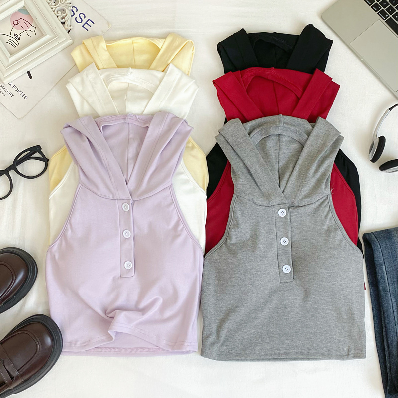 连帽露背无袖短款背心上衣女