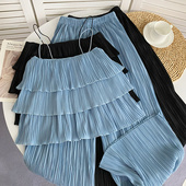 设计感褶皱层层蛋糕吊带背心上衣 两件套 松紧高腰垂感休闲阔腿裤