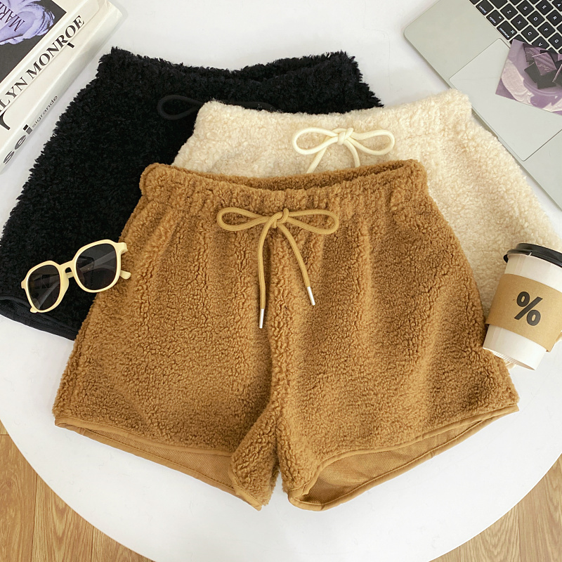 抽绳松紧腰毛绒阔腿短裤女秋冬