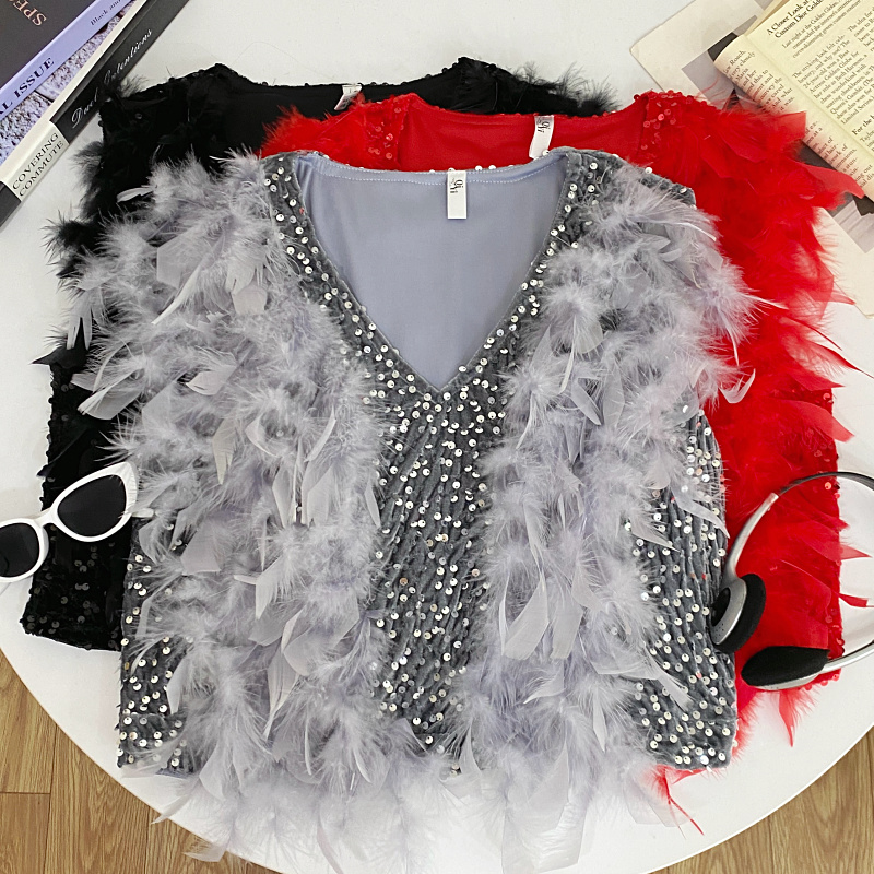 V领亮片拼接羽毛无袖背心上衣女