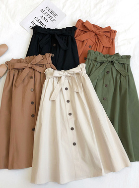 2019夏季新款百搭学院风单排扣花苞高腰中长款大摆a字裙半身裙女