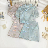 复古宫廷风立领泡泡短袖 衬衫 半松紧高腰盘扣A字半身裙短裙两件套