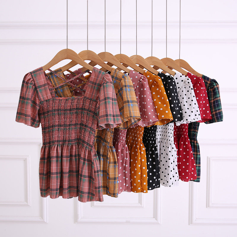 2018夏季韩版新款甜美方领格子收腰压褶交叉露背娃娃衫衬衫上衣女在类目 女装/女士精品, 衬衫中 - 来自Buy2taobao.com提供专业的淘宝代购服务