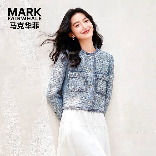 马克华菲女装复古小香风气质长袖外套女圆领粗花呢上衣Y64121B641