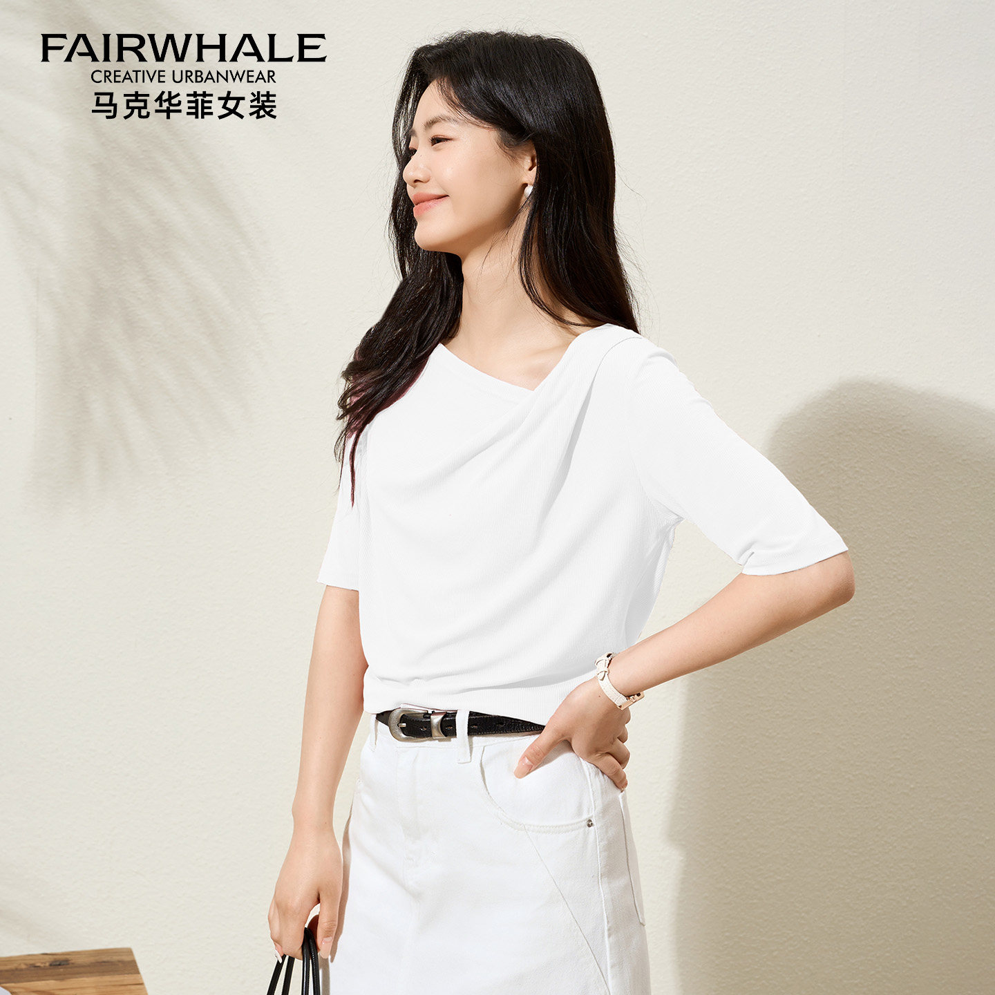 马克华菲桑蚕丝螺纹荡领T恤女夏