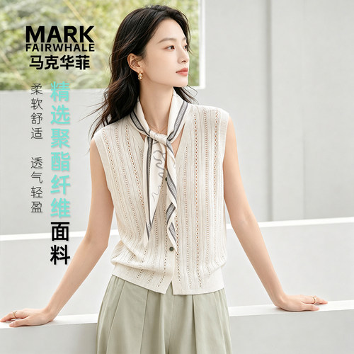 马克华菲女装毛针织衫女夏带丝巾镂空v领无袖短款小衫YB73112891