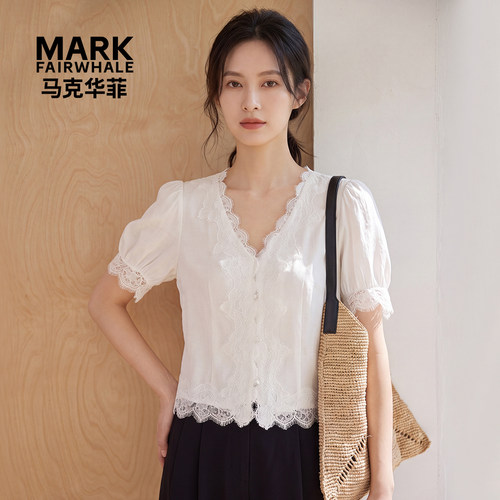 马克华菲女装宽松显瘦短袖衬衫女夏简约高级感V领上衣Y72114B070