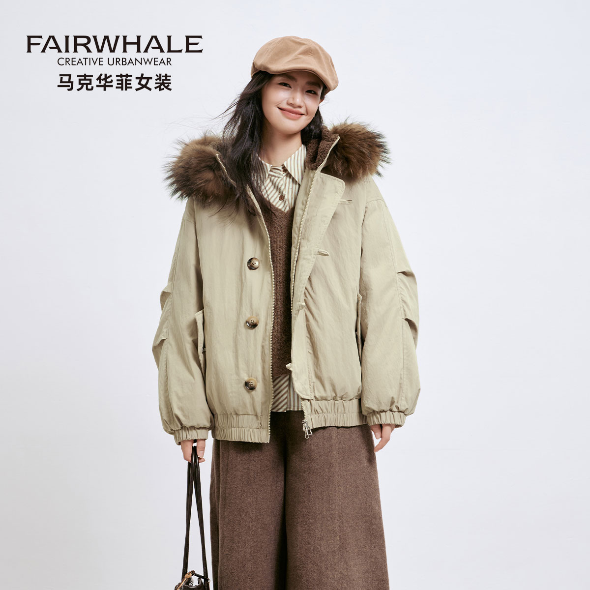 冬季大毛领羽绒服女短款廓形外套