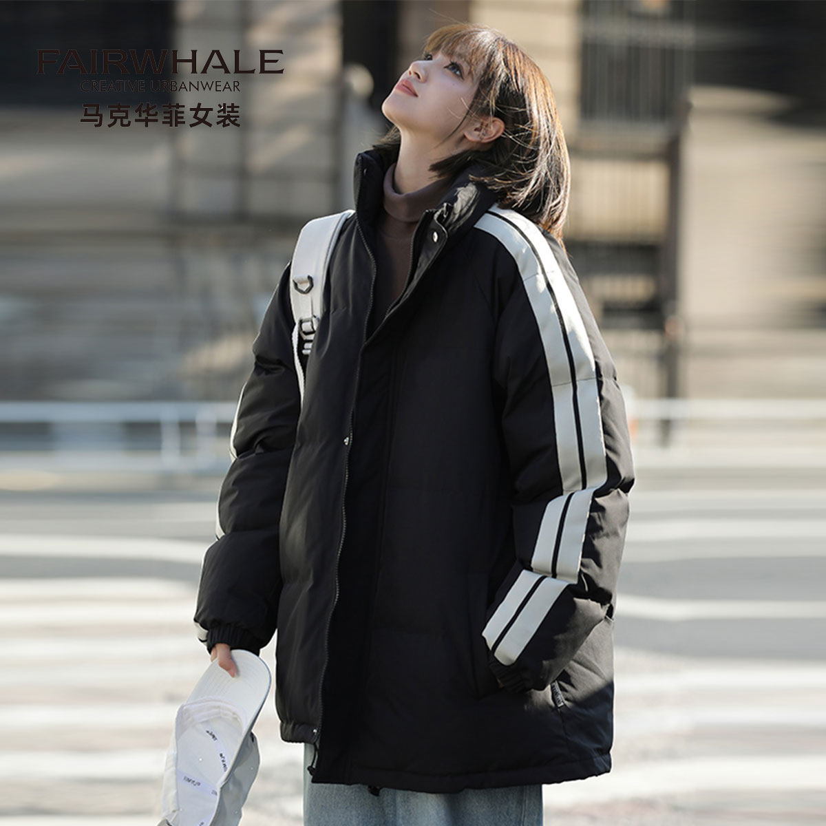 马克华菲立领棉衣外套女面包棉服